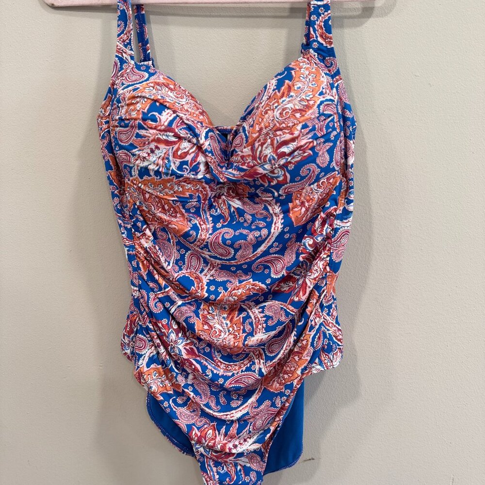 Nip Tuck One-Piece Blue Orange Paisley Swimsuit Ruched Tummy Control Size 12